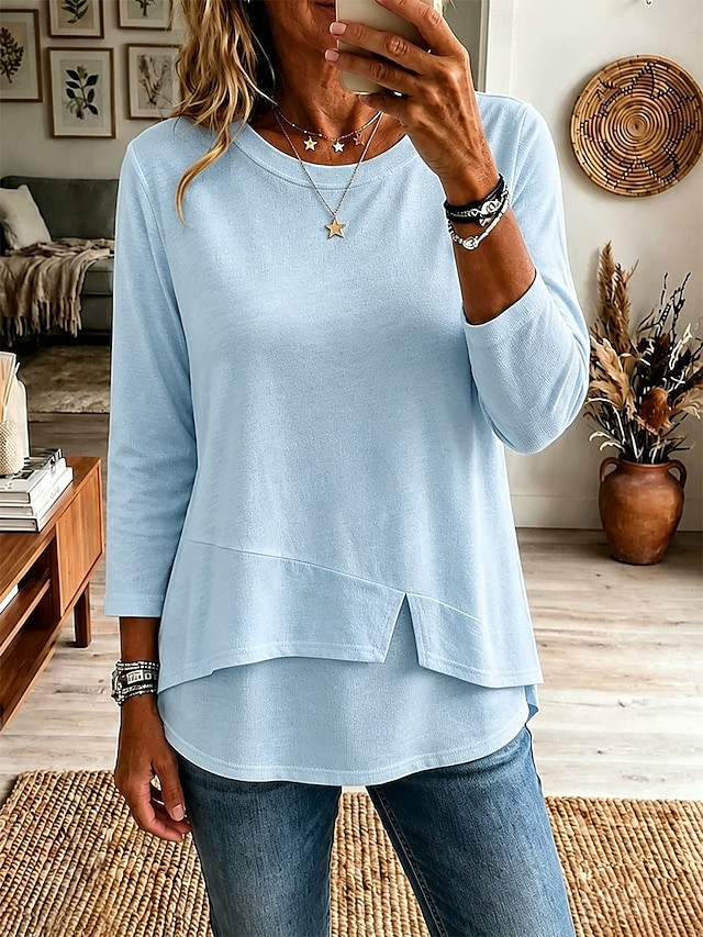 Women's T Shirt Solid Color Stylish Casual Long Sleeve Round Neck Regular Tops