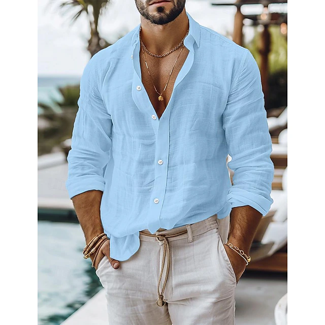Men's Linen Shirt Popover Shirt Summer Shirt Casual Shirt Plain Casual Daily Black White